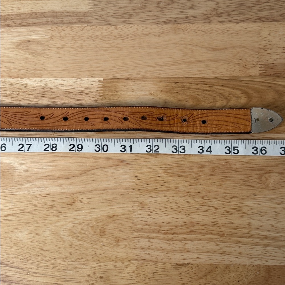 Western tooled Leather Belt with Silver Buckle - Picture 5 of 16